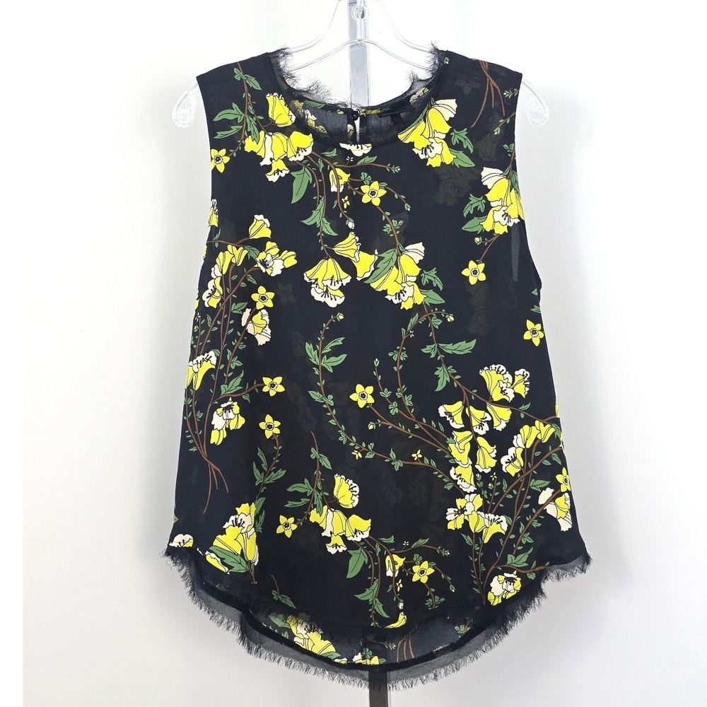 Who What Wear Fringe Trim Scoop Neckline Sleeveless Black Floral Print XL